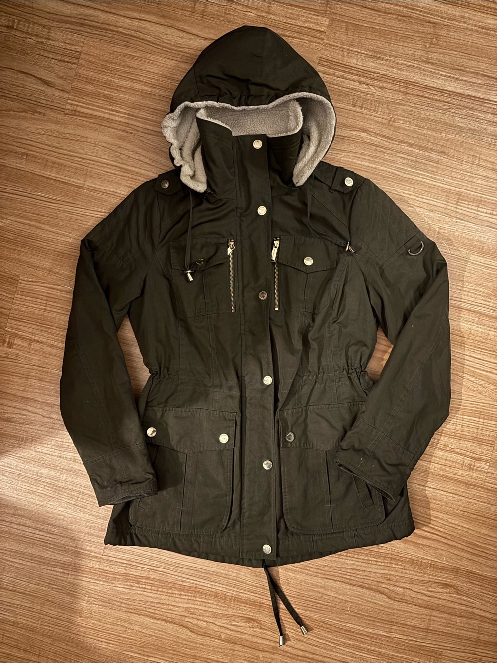 Michael Kors Olive Green Hooded Utility Jacket with Sherpa Lining